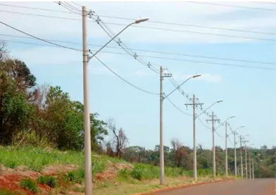 Rede aérea de média tensão em postes de concreto com luminárias, ao longo de uma estrada de terra entre a vegetação.